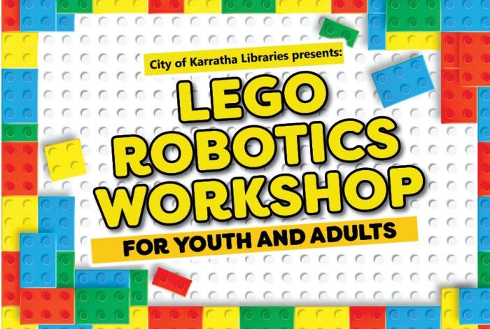 Lego robotics workshop with coloured bright lego pieces around the border and a white lego mat as the background