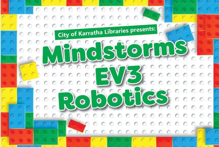 Mondstorms EV3 robotics with bright coloured blocked around border and white lego mat as background