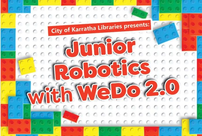 Junior Robotics  with WeDo 2.0 with bright coloured lego blocks around border and white lego mat as background