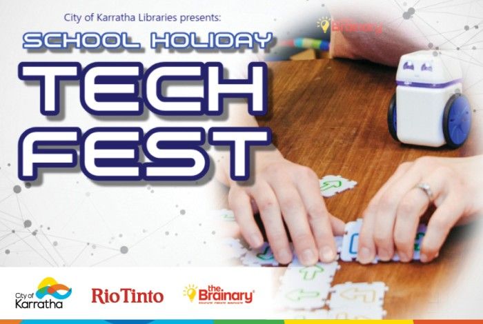 City of Karratha Libraries’ School Holiday Tech Fest, showing children’s hands assembling letter puzzle pieces on a table with a small educational robot nearby. Logos for City of Karratha, Rio Tinto and The Brainary appear along the bottom.