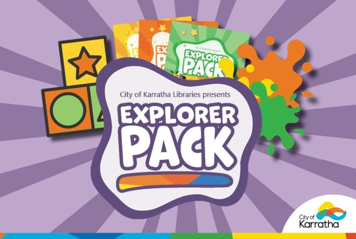 Illustrated promotional graphic for the "Explorer Pack" by City of Karratha Libraries. The center features a playful badge-style logo with the words "Explorer Pack" in bold white and purple text, surrounded by colorful paint splashes, shapes, and stylized booklets in green, orange, and yellow. The background has purple rays radiating outward, and the City of Karratha logo is placed in the bottom right corner.