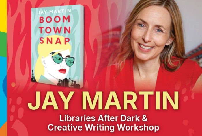 Promotional poster for City of Karratha Libraries featuring author Jay Martin. The poster shows the cover of her book Boom Town Snap on the left, with Jay Martin smiling on the right. Text reads: 'City of Karratha Libraries presents: Jay Martin'