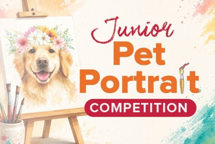 A promotional banner for the City of Karratha Libraries' Junior Pet Portrait Competition. The design features a colourful watercolour-style painting of a golden retriever wearing a flower crown displayed on an artist’s easel. Paintbrushes sit in a jar beside the canvas, while bright paint splashes and brushstroke textures decorate the background. Large orange and pink text announces the competition title, creating a vibrant and creative theme that encourages young artists to submit pet-inspired artwork.