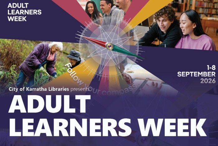 Website header promoting Adult Learners Week, presented by City of Karratha Libraries. The design features a colourful compass at the centre with the theme "Follow your compass", surrounded by photos of adults engaged in different learning experiences, including gardening, group discussion, studying and writing. Large white text reads "Adult Learners Week", with the dates 1–8 September 2026 displayed on the right. The Adult Learners Week logo appears in the top left on a purple background.
